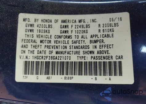 2016 Honda Accord Lx z USA, uszkodzony, nr VIN 1HGCR2F39GA221070